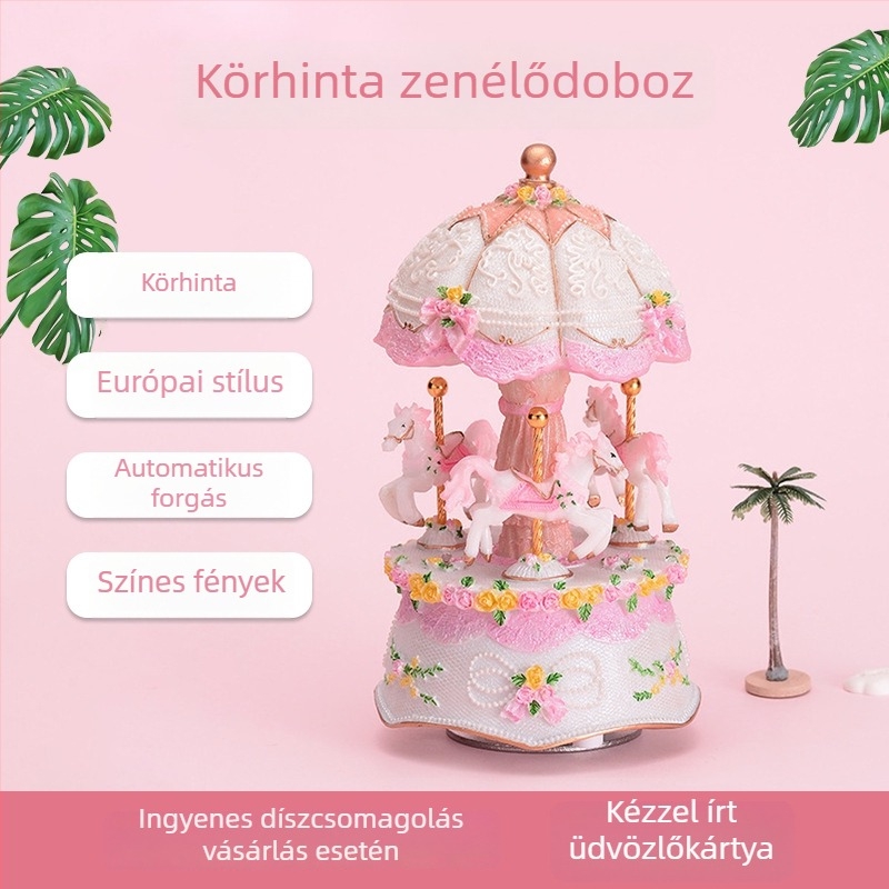 Forgó karusszel zenélő doboz – kis dekoratív dísz gyermekeknek születésnapra vagy Valentin-napra