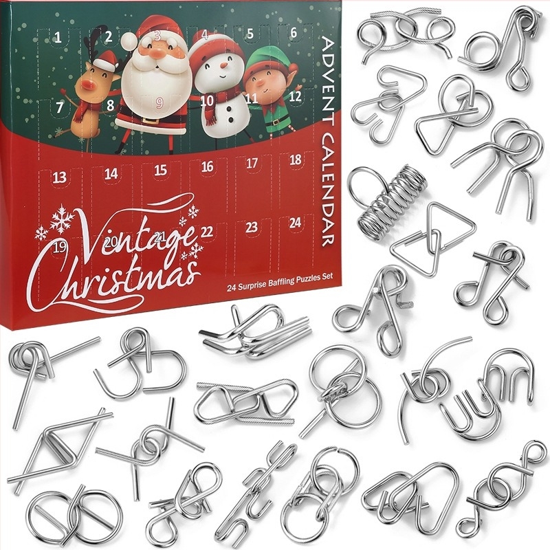 Fém kilenc gyűrű logikai puzzle, 24 darabos készlet, 7–14 éveseknek, karácsonyi advent naptár játék