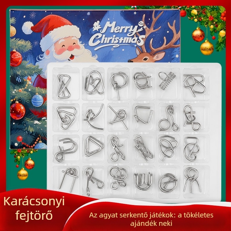 Fém kilenc gyűrű logikai puzzle, 24 darabos készlet, 7–14 éveseknek, karácsonyi advent naptár játék