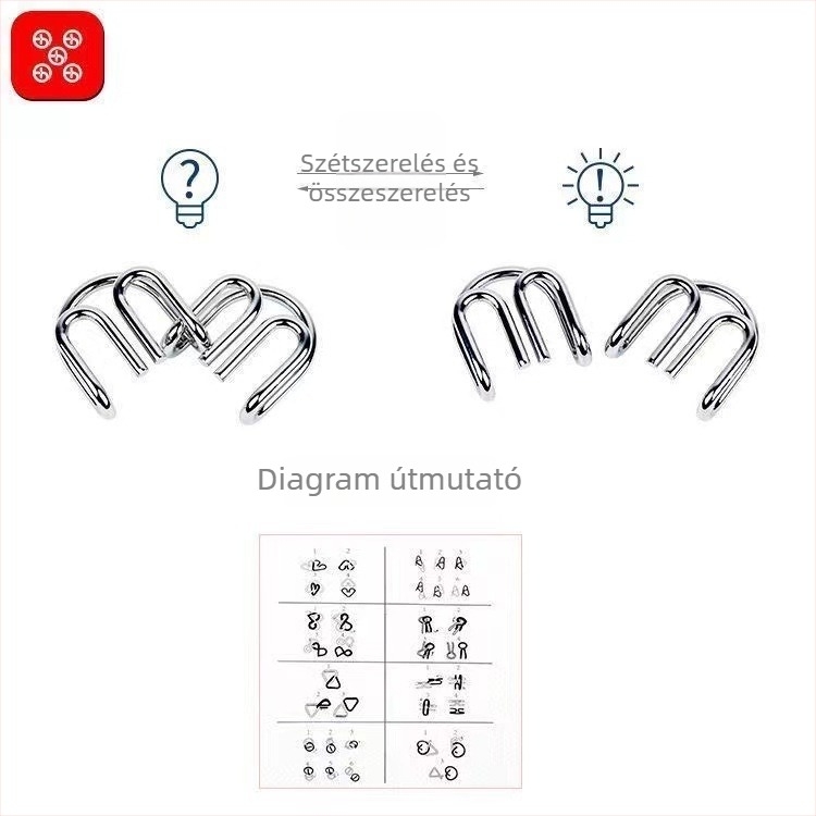 Kongming Lock/Luban Lock logikai puzzle készlet, vasból készült, ZLJK24, hálós zacskóban csomagolva, 7–14 éveseknek.