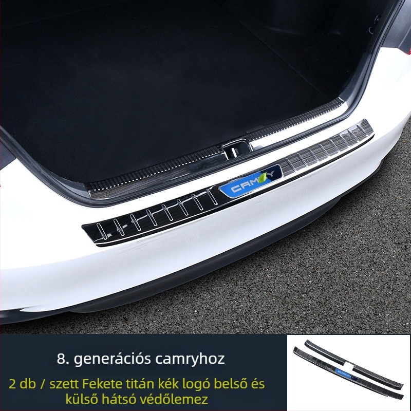 Rozsdamentes acél talpbetét a csomagtartóhoz, Camry Hybrid 2018-2021, Model R002, nyomtatott logóval