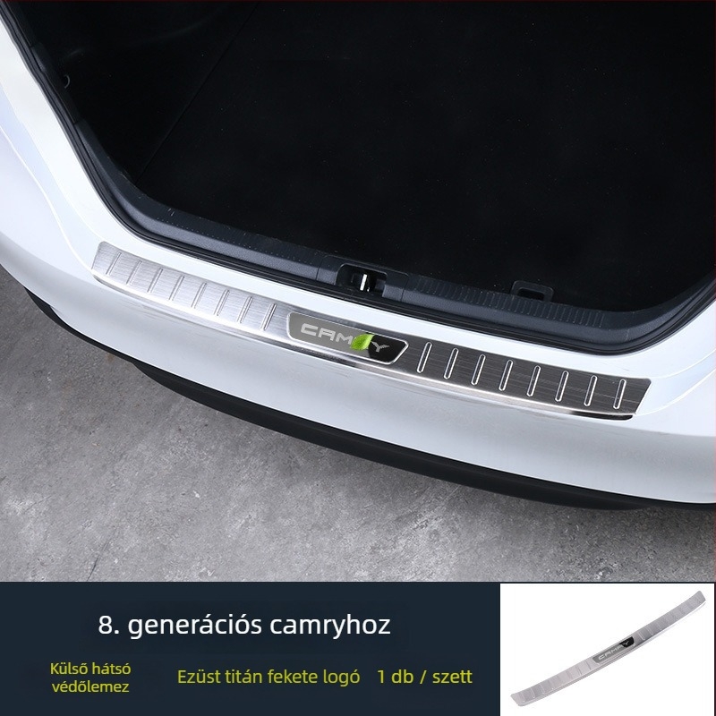 Rozsdamentes acél talpbetét a csomagtartóhoz, Camry Hybrid 2018-2021, Model R002, nyomtatott logóval