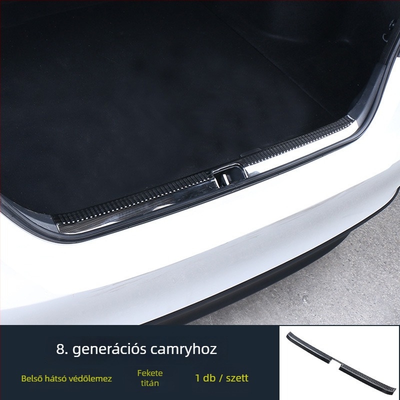 Rozsdamentes acél talpbetét a csomagtartóhoz, Camry Hybrid 2018-2021, Model R002, nyomtatott logóval