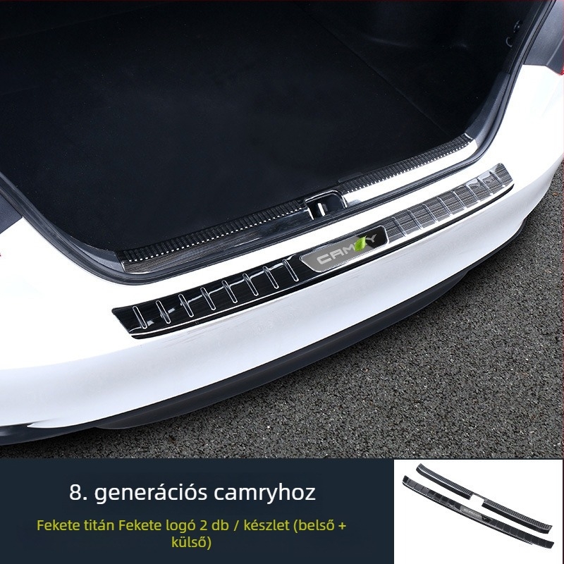 Rozsdamentes acél talpbetét a csomagtartóhoz, Camry Hybrid 2018-2021, Model R002, nyomtatott logóval
