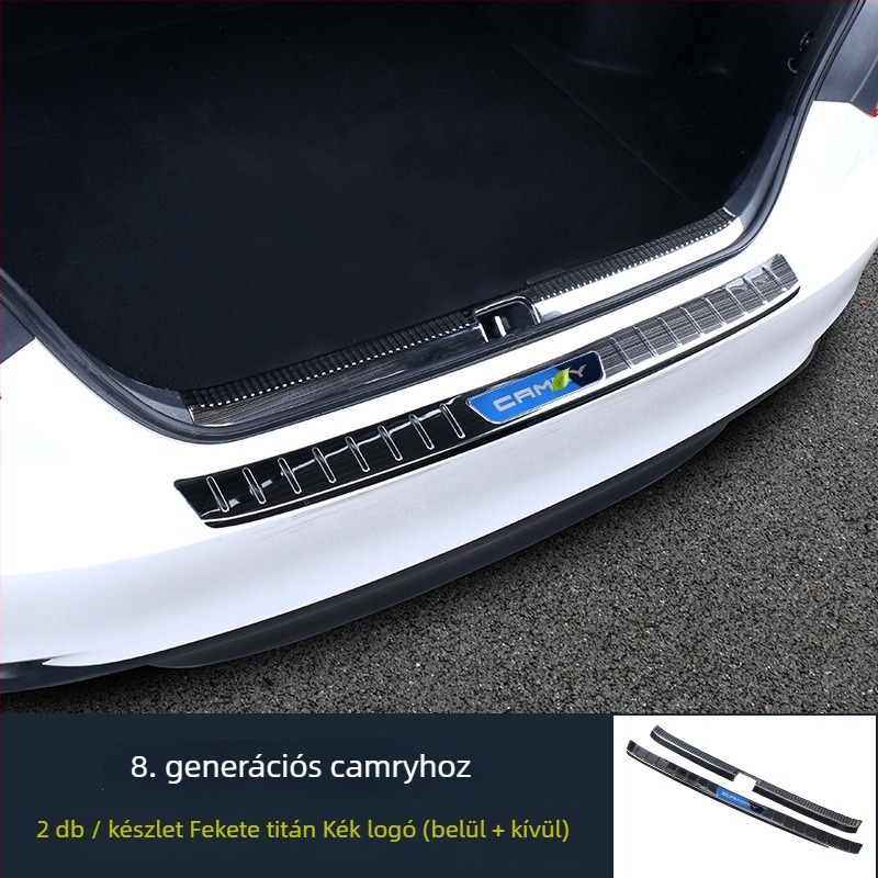 Rozsdamentes acél talpbetét a csomagtartóhoz, Camry Hybrid 2018-2021, Model R002, nyomtatott logóval