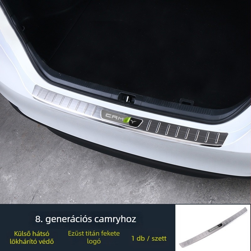 Rozsdamentes acél talpbetét a csomagtartóhoz, Camry Hybrid 2018-2021, Model R002, nyomtatott logóval