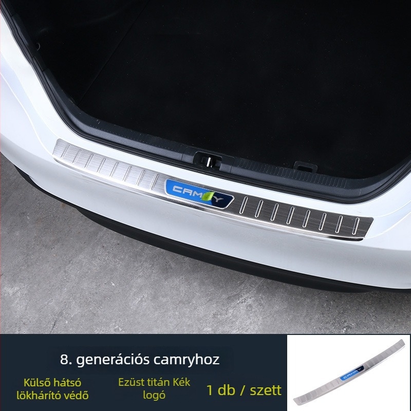 Rozsdamentes acél talpbetét a csomagtartóhoz, Camry Hybrid 2018-2021, Model R002, nyomtatott logóval