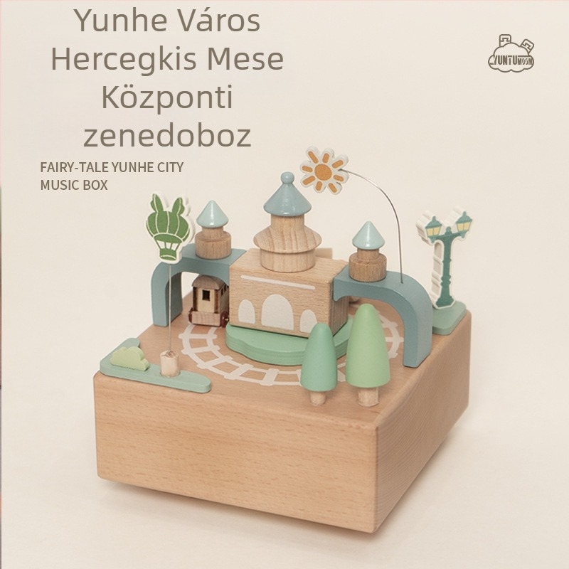 Fából készült forgó Kis vonatos zenélő doboz személyre szabással, gravírozással és UV nyomtatással – modern művészeti stílus, logó nyomtatva