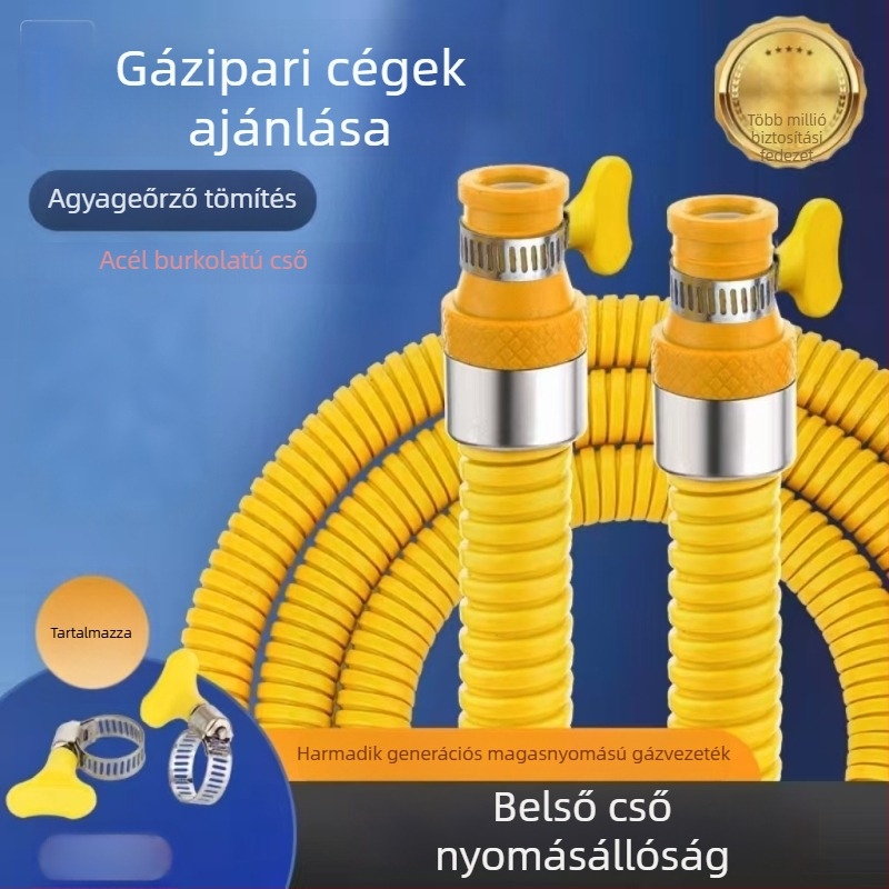 Rozsdamentes acélból készült gázcső, páncélozott gofrált borítással, robbanásbiztos, közepes–magas nyomású, természetes gázhoz