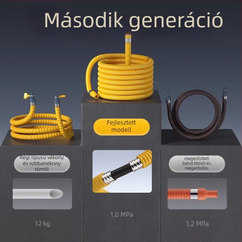 Rozsdamentes acélból készült gázcső, páncélozott gofrált borítással, robbanásbiztos, közepes–magas nyomású, természetes gázhoz