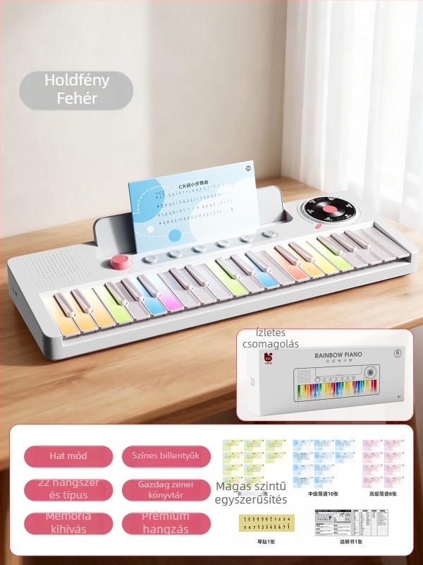 37-billentyűs elektronikus zongora gyerekeknek, kezdőknek – műanyag test; 4–6 éveseknek megfelelő; csomagolás: doboz; videó útmutató elérhető