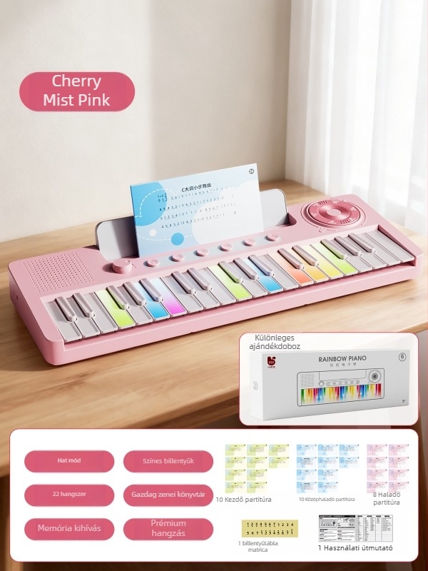 37-billentyűs elektronikus zongora gyerekeknek, kezdőknek – műanyag test; 4–6 éveseknek megfelelő; csomagolás: doboz; videó útmutató elérhető