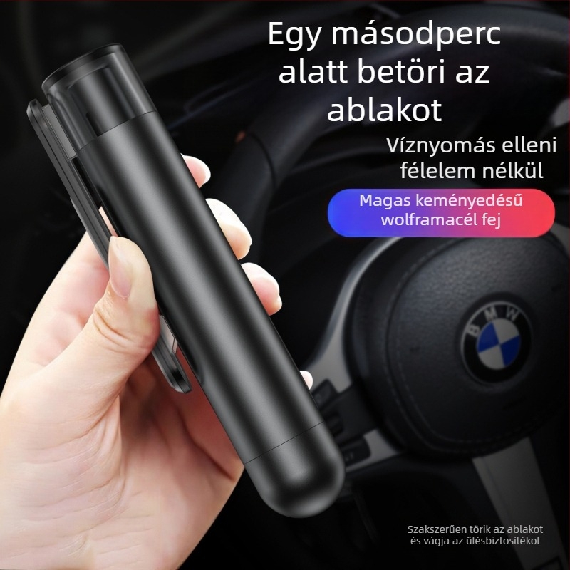 Tedma Autó Biztonsági Kalapács 3–in–1: Ablakbetörő, Parkoló szám tábla és Övcsat – Cink-ötvözet, fém + műanyag, testre szabható