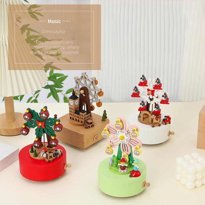 Fából készült zenélő karusszel – bükkfa, kézzel készített, festett, gravírozott, egyszerű és modern stílus