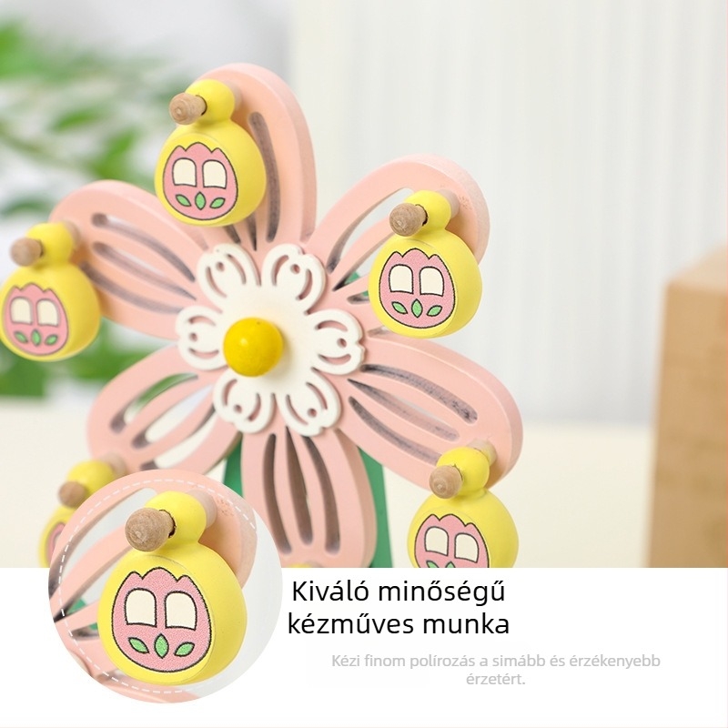 Fából készült zenélő karusszel – bükkfa, kézzel készített, festett, gravírozott, egyszerű és modern stílus