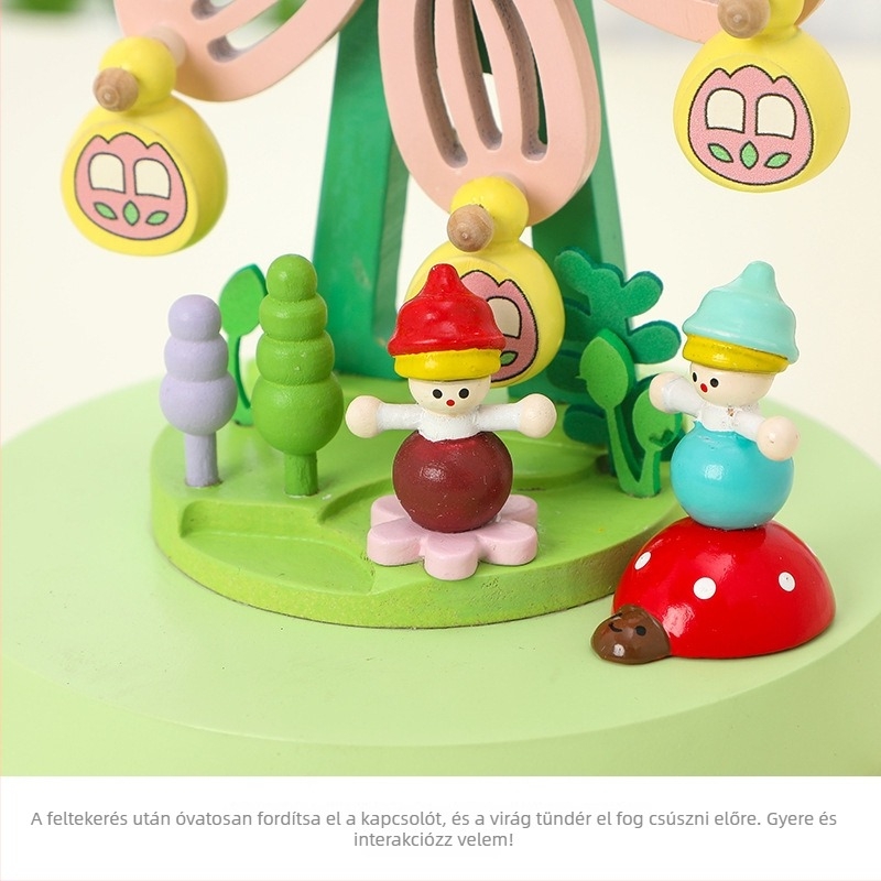 Fából készült zenélő karusszel – bükkfa, kézzel készített, festett, gravírozott, egyszerű és modern stílus