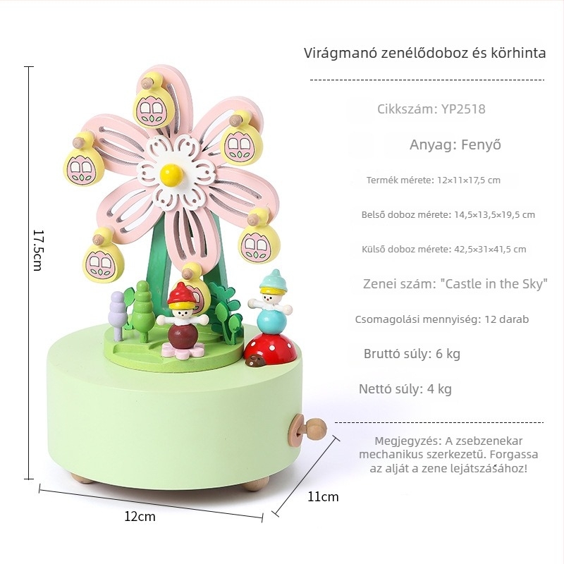 Fából készült zenélő karusszel – bükkfa, kézzel készített, festett, gravírozott, egyszerű és modern stílus