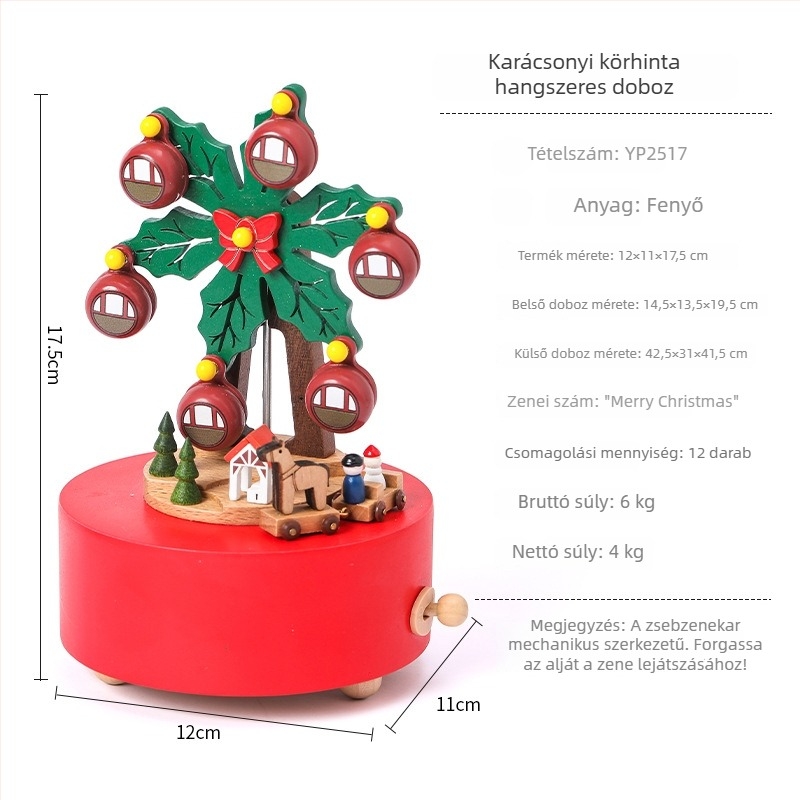 Fából készült zenélő karusszel – bükkfa, kézzel készített, festett, gravírozott, egyszerű és modern stílus