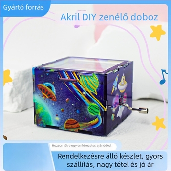 Kézi tekeréses zenei doboz, akril, testreszabható DIY, rajzfilm stílusú, logó nyomtatás elérhető