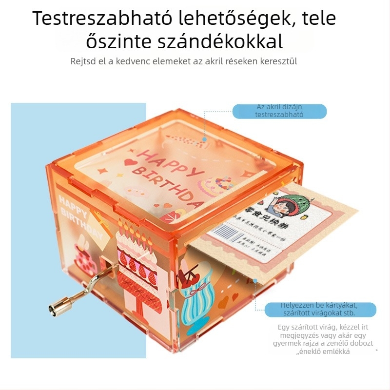 Kézi tekeréses zenei doboz, akril, testreszabható DIY, rajzfilm stílusú, logó nyomtatás elérhető