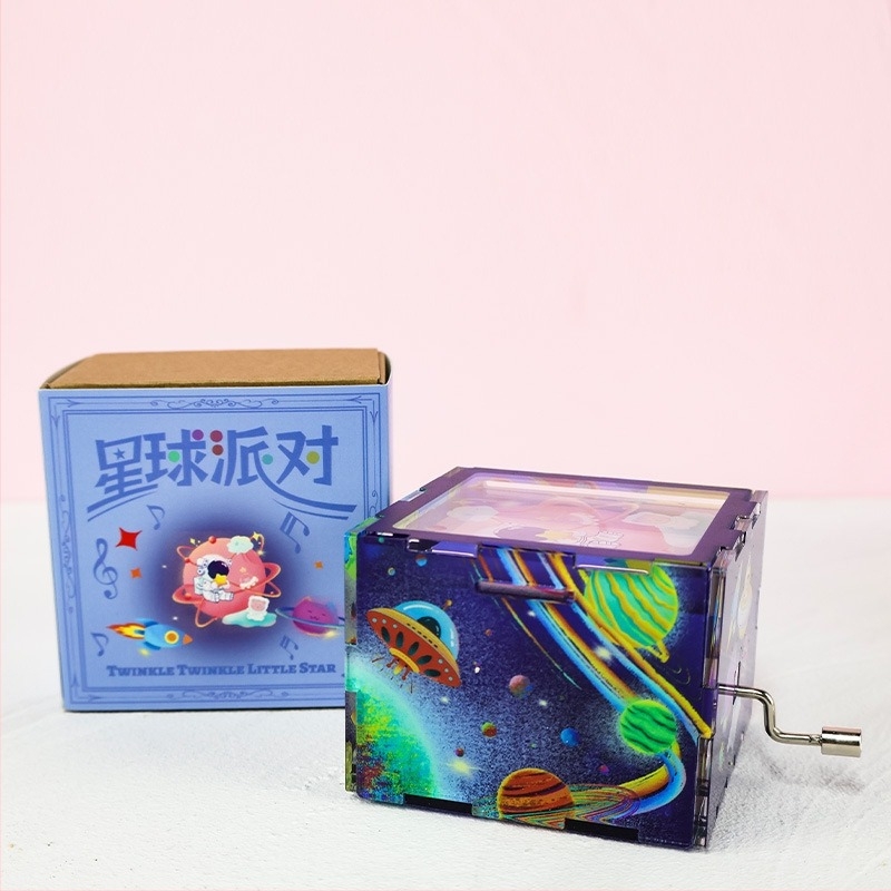 Kézi tekeréses zenei doboz, akril, testreszabható DIY, rajzfilm stílusú, logó nyomtatás elérhető