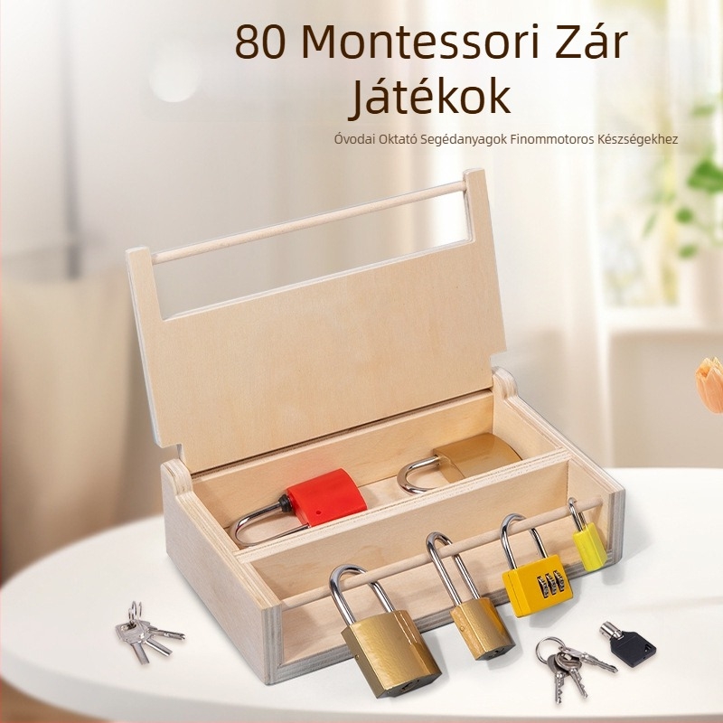 Fából készült zár- és kulcs játék — szem-kéz koordinációs edzés, 4–6 éveseknek, testreszabás elérhető