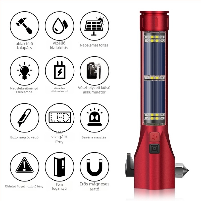 Autóhoz tervezett, többfunkciós napelemes zseblámpa-ütő vészhelyzeti mentéshez, ablak töréséhez, riasztás – OUDEW • alumíniumötvözet • Zhejiang • 250 g