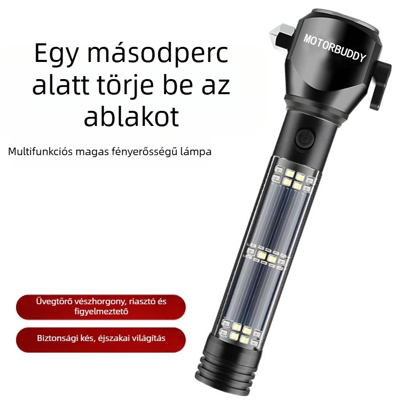 Autóhoz tervezett, többfunkciós napelemes zseblámpa-ütő vészhelyzeti mentéshez, ablak töréséhez, riasztás – OUDEW • alumíniumötvözet • Zhejiang • 250 g