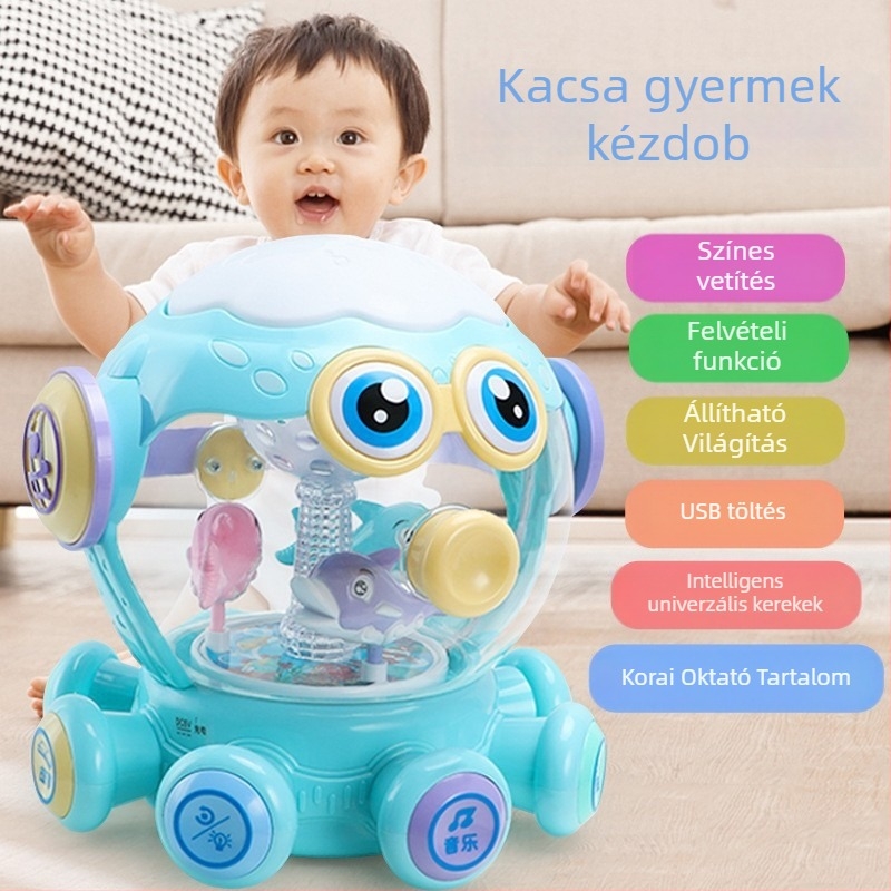 Interaktív polip puzzle dob játék fényekkel és zenével – műanyagból, 4–6 éveseknek – támogatja érzelmi és kognitív fejlődést, kéz-szem koordinációt és hallást; csomagolva színes dobozba