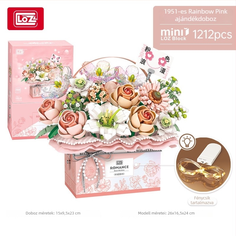 Loz 1951-54 Kézben tartható virágkosár építőblokkok készlet – több mint 800 ABS darab, DIY virágcsokor játék zenés doboz, 14+
