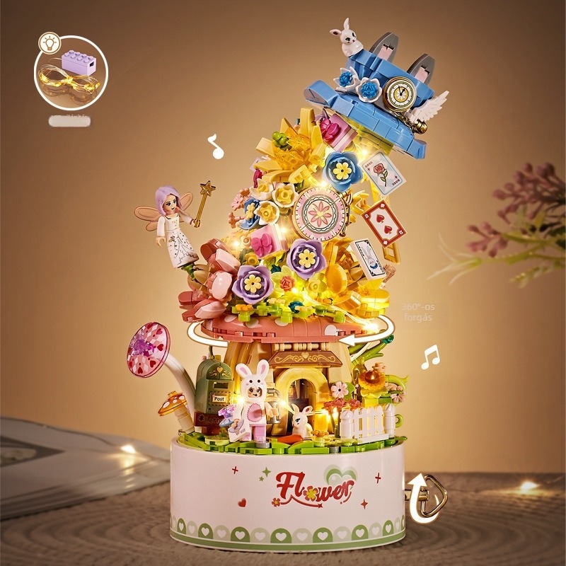 Loz 1951-54 Kézben tartható virágkosár építőblokkok készlet – több mint 800 ABS darab, DIY virágcsokor játék zenés doboz, 14+