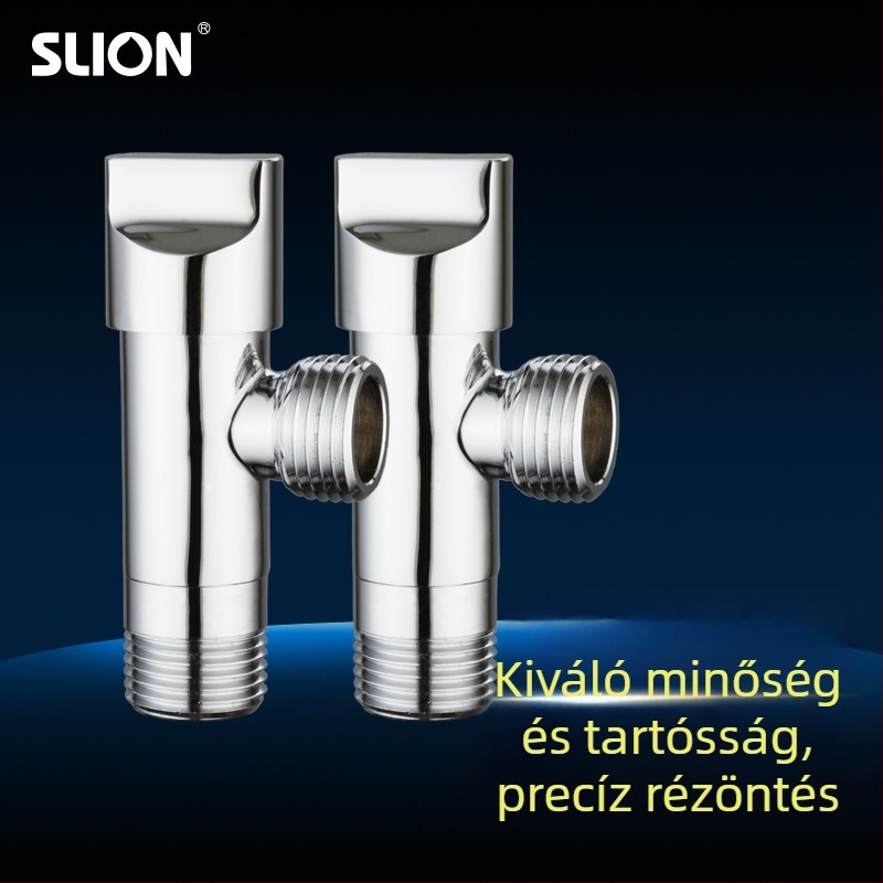 Sárgarézből készült szögletes szelep, modell SL2528(03); beépített szerelés; működési nyomás 20-50; belső átmérő 56; alkalmazás: mosdó, WC, konyha.