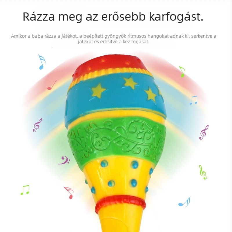 Zsiráf formájú gyermekcsörgő — korai oktatási ütőhangszer; műanyag kivitel; segíti a hallást és a kéz‑szem koordinációt.