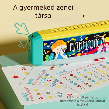 Gyerekeknek szóló harmonika játék – műanyag test, 4–6 éveseknek; fejleszti az érzelmi és látási, szellemi fejlődést és kéz-koordinációt, csomagolás színes dobozban