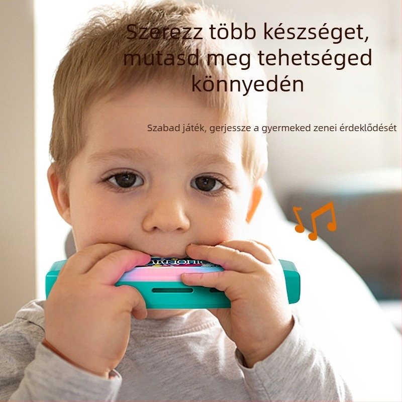 Gyerekeknek szóló harmonika játék – műanyag test, 4–6 éveseknek; fejleszti az érzelmi és látási, szellemi fejlődést és kéz-koordinációt, csomagolás színes dobozban