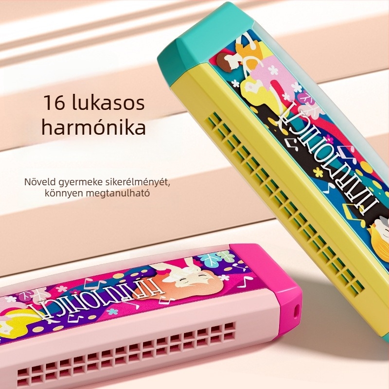 Gyerekeknek szóló harmonika játék – műanyag test, 4–6 éveseknek; fejleszti az érzelmi és látási, szellemi fejlődést és kéz-koordinációt, csomagolás színes dobozban