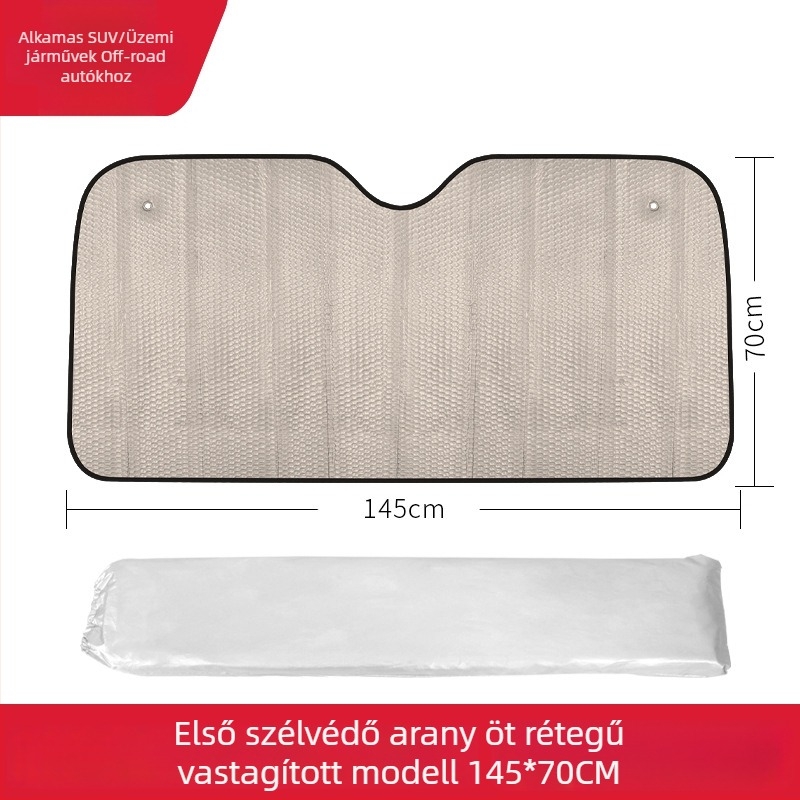 Autó napszemplvédő árnyékoló, 5 rétegű alumíniumfóliás hőszigetelés, minimalist stílus, szívókorongos rögzítés