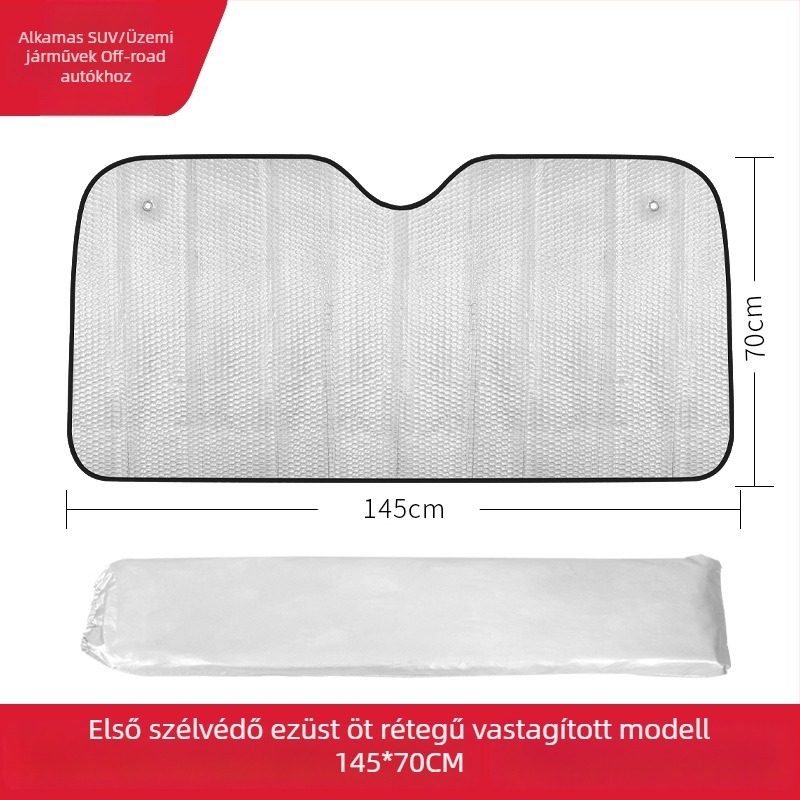 Autó napszemplvédő árnyékoló, 5 rétegű alumíniumfóliás hőszigetelés, minimalist stílus, szívókorongos rögzítés