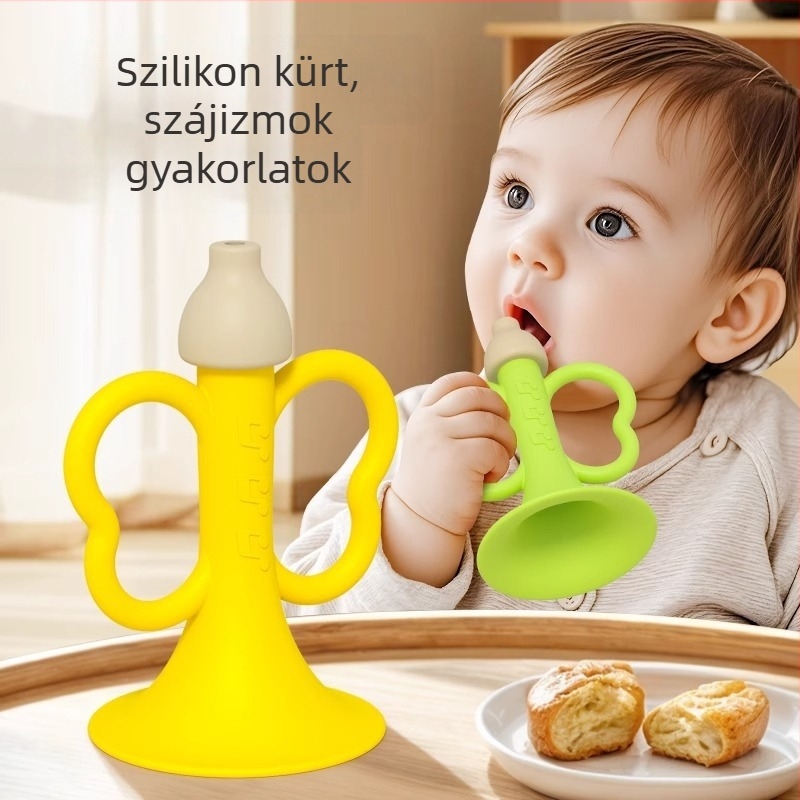 Gyermek trombita játék — fújható, oktató zenei hangszer, szilikon anyag, kis hangszóró, 14+