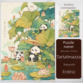 1000 darabos puzzle rajzolt panda a nyári lótusz tavacskában, sík puzzle, 14+