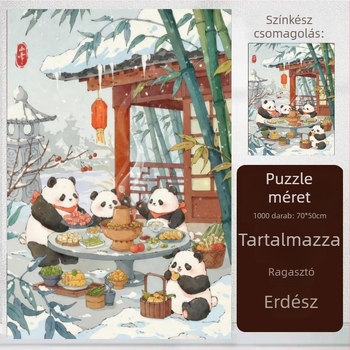 1000 darabos puzzle rajzolt panda a nyári lótusz tavacskában, sík puzzle, 14+