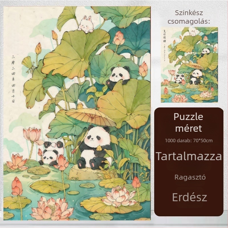 1000 darabos puzzle rajzolt panda a nyári lótusz tavacskában, sík puzzle, 14+