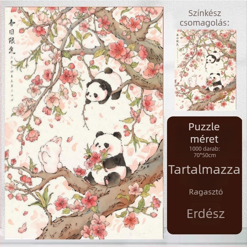 1000 darabos puzzle rajzolt panda a nyári lótusz tavacskában, sík puzzle, 14+