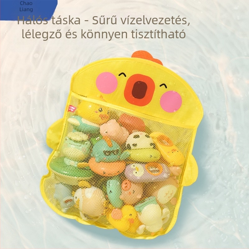 Baba fürdőjáték tárolózsákkal, rajzfilmszerű kacsa, textil anyag, vízi játékok 0–3 éveseknek