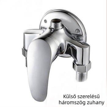 Felszínre szerelt zuhanykeverő csap, forró és hideg vízzel, háromszög alakú zuhanycsap