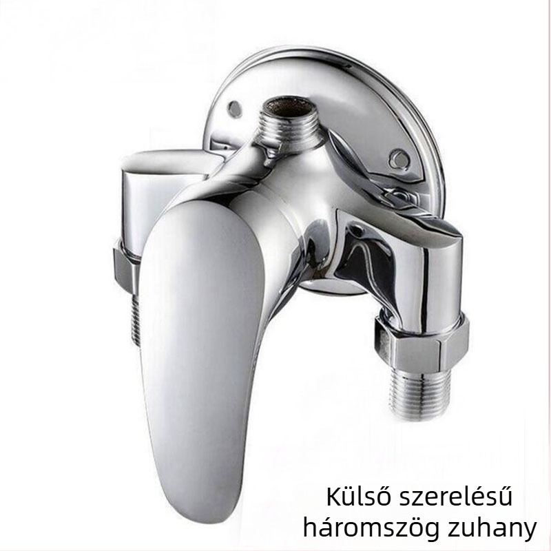 Felszínre szerelt zuhanykeverő csap, forró és hideg vízzel, háromszög alakú zuhanycsap