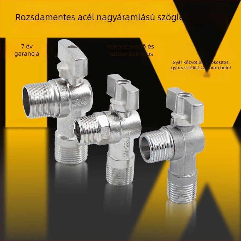304 rozsdamentes acél háromszögletű szelep teljes átjáróval, gázt tápláló bojlerhez — meleg/forró víz, csatlakozás szögletes 1/2 in és 3/4 in, nagynyomású, manuális működtetés