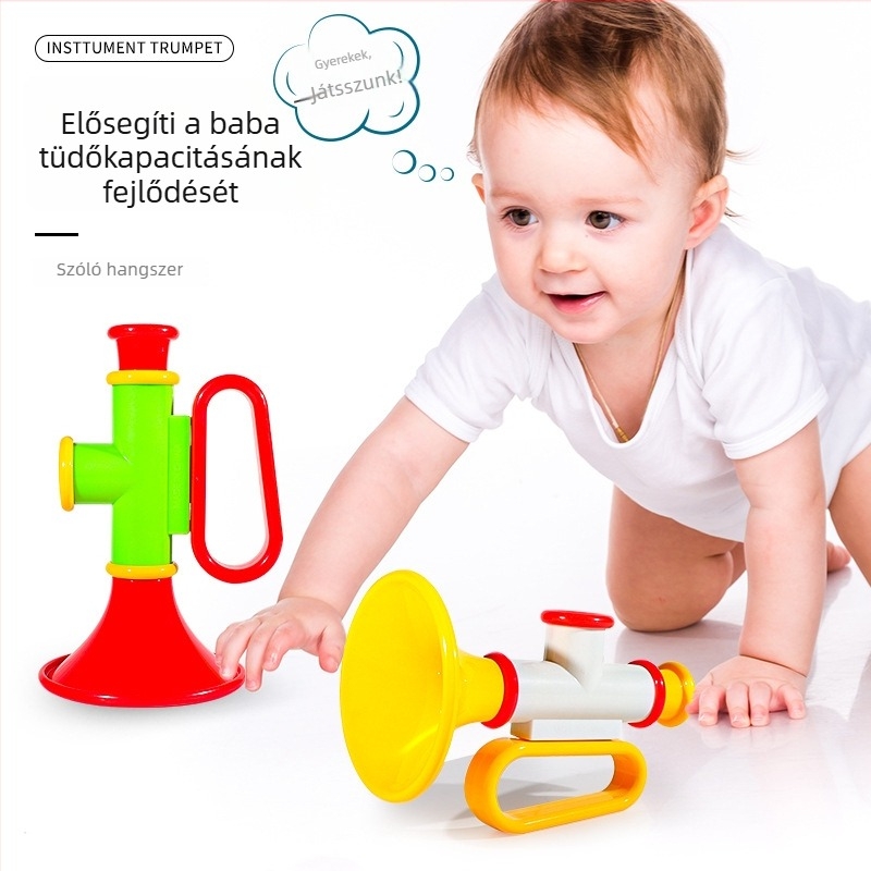 Műanyag babatrumpet játék – síp hangszer babáknak (0–3 évesek), fejleszti a hallást, a kéz-szem koordinációt és az érzékelési készségeket
