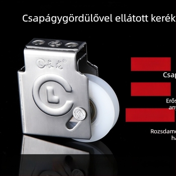 90 típusú ajtó- és ablakcsúszó görgő – ház alumíniumötvözet, külső rozsdamentes acél, görgő nylonból, golyóscsapágy; alkalmazás: 90 típusú ajtók és ablakok; maximális terhelés 55 kg