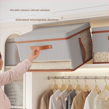 Nem szőtt anyagból készült tároló doboz szürke nyíl minta, dizájn két ablakkal és fedéllel, átlátható tároló doboz, 50 L, 50×40×30 cm, ruhák és játékok rendezésére